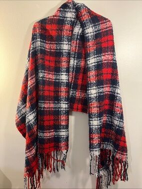 aerie Red Navy White Plaid Fringe Scarf Wrap